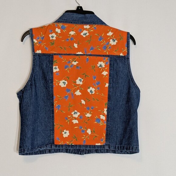 STONEBRIDGE Vintage Blue Denim & Floral Orange Sleeveless Button Vest; Size M - Picture 2 of 5
